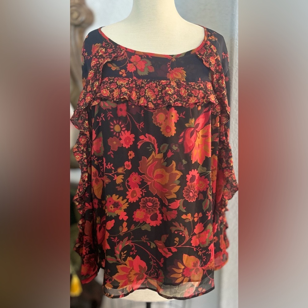 Loft Long Sleeve Ruffled Blouse Size L | Orange Red Black Floral Top
